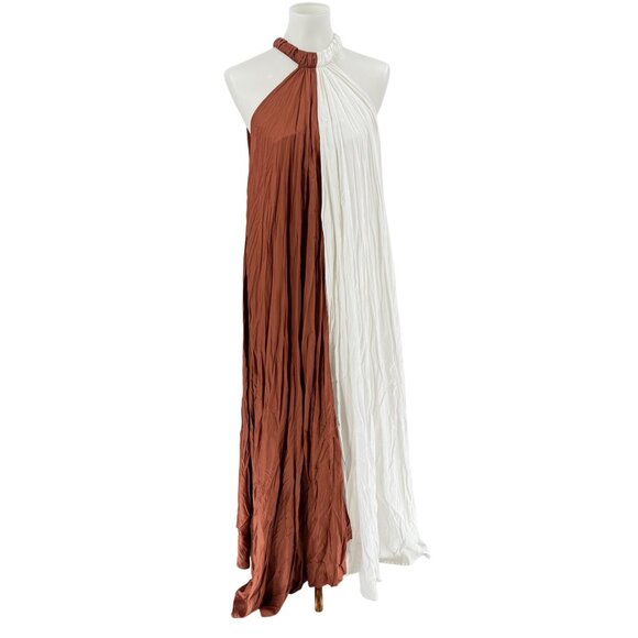 Letmebe Anthropologie XS Halter Maxi Dress Brown & White Colorblock Viscose - Picture 3 of 13